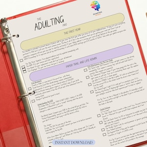 May include: A red binder with a checklist titled "The Adulting Pro" with sections on the first year, paper trail, and life admin. Includes the text "Instant Download".