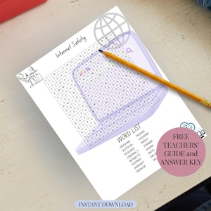 Puede incluir: Una hoja de trabajo imprimible en blanco con un rompecabezas de búsqueda de palabras de seguridad en Internet, un lápiz y el texto "FREE TEACHERS' GUIDE and ANSWER KEY". La hoja de trabajo incluye una lista de palabras y un gráfico de una computadora y un globo.