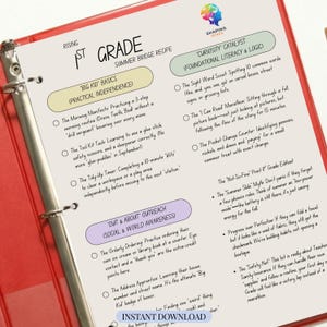 Può includere: Un raccoglitore rosso con una pagina stampata in bianco e nero intitolata "Rising 1st Grade Summer Bridge Recipe". La pagina include sezioni su indipendenza pratica, consapevolezza sociale e alfabetizzazione. Il testo include "Instant Download" e "Shaping Minds".