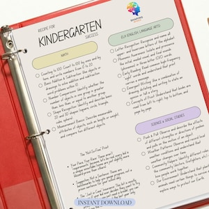 Peut inclure: Un classeur rouge contenant du matériel pédagogique pour la maternelle. Les pages comprennent des sections sur les mathématiques, les arts du langage anglais et les sciences sociales. Le texte comprend "Recipe for Kindergarten Success" et "Instant Download."