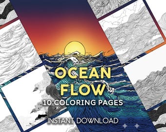 Desenhos para colorir do fluxo do oceano | Ondas abstratas e arte linear meditativa | 10 PDFs para imprimir
