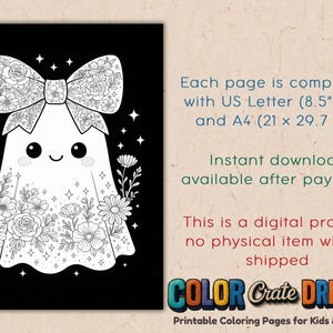 May include: Black and white printable coloring page featuring a cute ghost character with a floral bow and flowers. The text states the page is compatible with US Letter (8.5" x 11") and A4 (21 x 29.7 cm) paper sizes.