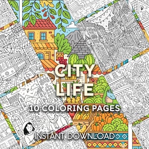 Könnte beinhalten: Eine Sammlung von 10 Ausmalbildern mit Szenen aus dem Stadtleben. Die Seiten zeigen detaillierte Strichzeichnungen von Stadtlandschaften, Geschäften und Menschen. Der Titel "CITY LIFE" ist prominent dargestellt, zusammen mit "INSTANT DOWNLOAD".