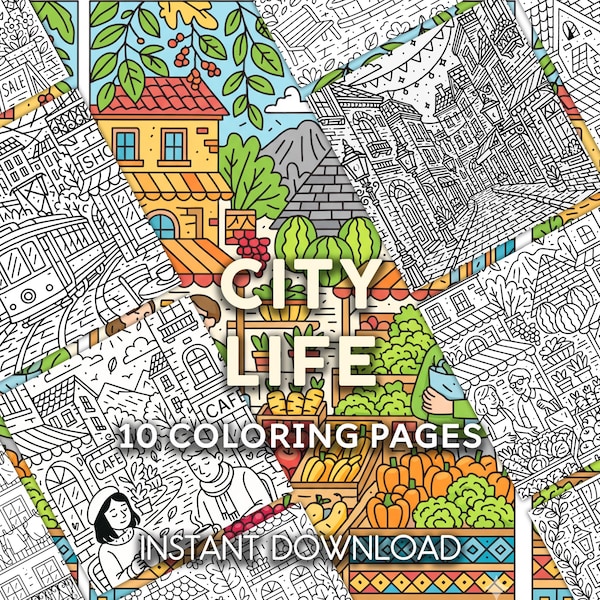 City Life Coloring Pages | Whimsical Urban Scenes (10 Printable PDF)