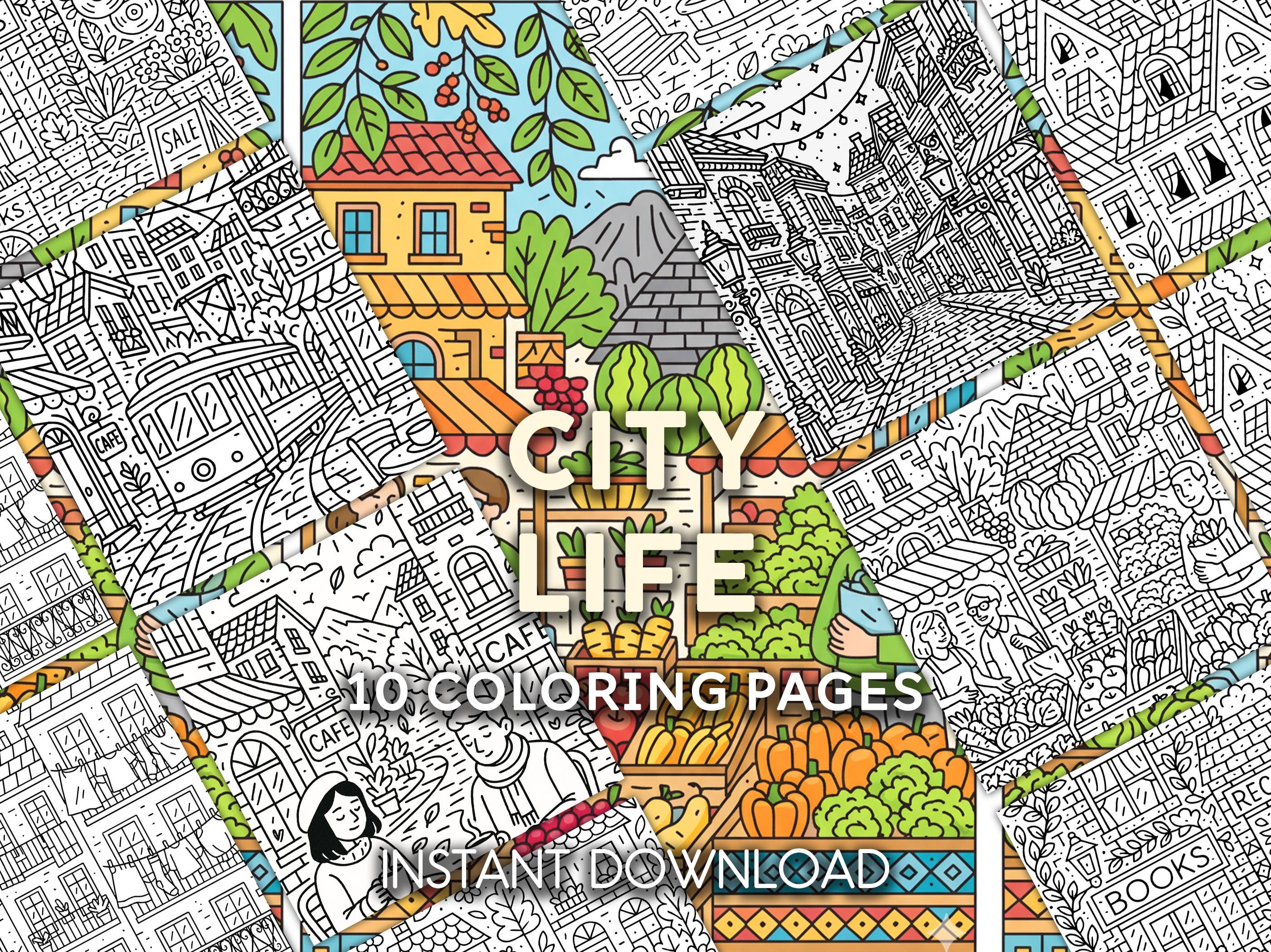 City Life Coloring Pages | Whimsical Urban Scenes (10 Printable PDF) - Etsy