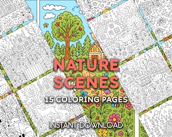 May include: A collection of 15 coloring pages featuring nature scenes. The cover art displays a colorful illustration of a tree, house, and flowers, with the text "Nature Scenes" and "Instant Download". The coloring pages are black and white line drawings.