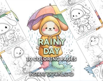 Desenhos para colorir de dia chuvoso | Animal kawaii com capa de chuva e guarda-chuva | Crianças e bebês - 10 PDFs para imprimir