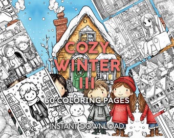 Livro de colorir aconchegante de chalé de inverno | 60 páginas para imprimir (PDF)