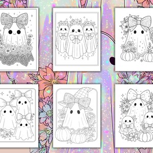May include: A selection of black and white colouring pages with adorable ghost illustrations. Each page presents a unique ghost design, some with bows, flowers, and pumpkins. The pages are framed with a white border.