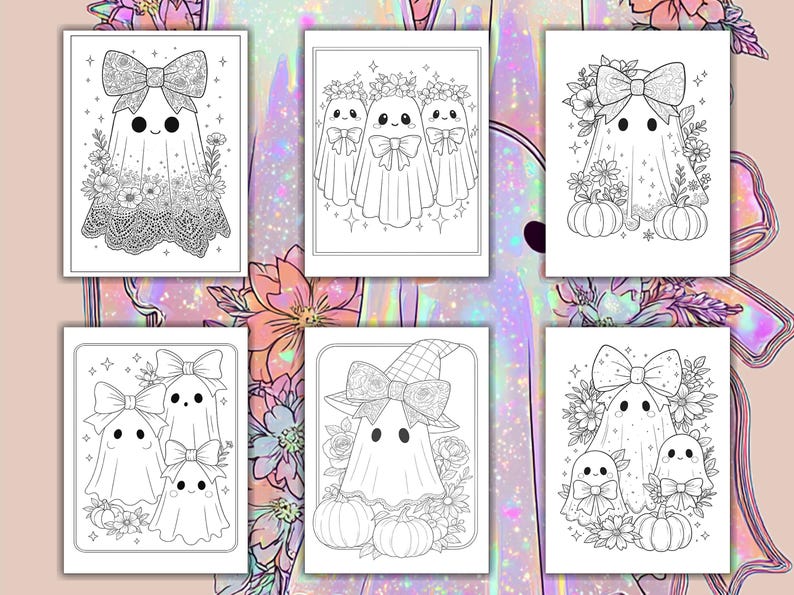 May include: A selection of black and white colouring pages with adorable ghost illustrations. Each page presents a unique ghost design, some with bows, flowers, and pumpkins. The pages are framed with a white border.