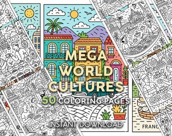 Desenhos para colorir de culturas do mundo | 50 cenas de viagem para imprimir (PDF)