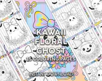Pagine da colorare kawaii di Halloween: fantasma spettrale con fiocco civettuolo (15 PDF stampabili)