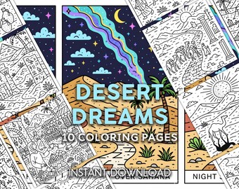 Desenhos para colorir Sonhos do Deserto | Mil e Uma Noites e Cenas do Deserto Egípcio | 10 PDFs para imprimir