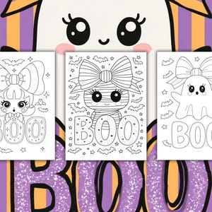 Pu&ograve; includere: Tre pagine da colorare a tema Halloween con simpatici personaggi con grandi fiocchi e la parola "BOO". I personaggi includono una ragazza, una mummia e un fantasma, tutti circondati da pipistrelli e stelle. Lo sfondo &egrave; viola e arancione.