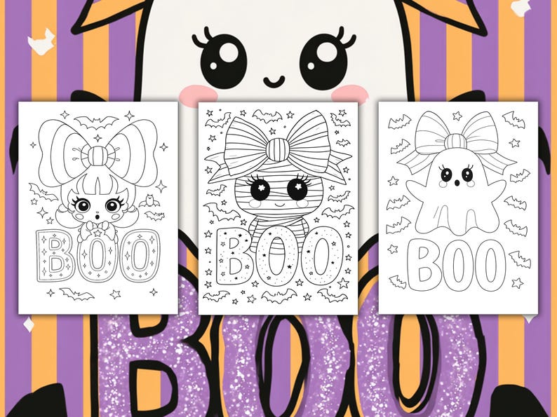 Pu&ograve; includere: Tre pagine da colorare a tema Halloween con simpatici personaggi con grandi fiocchi e la parola "BOO". I personaggi includono una ragazza, una mummia e un fantasma, tutti circondati da pipistrelli e stelle. Lo sfondo &egrave; viola e arancione.