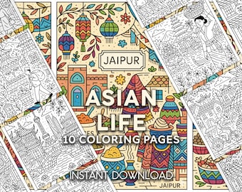 Asian Life Coloring Pages | Japan, Korea & India Inspired Scenes | 10 Printable PDF