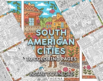 Desenhos para colorir de cidades sul-americanas | Cenas de rua e arquitetura latina | 10 PDFs para imprimir