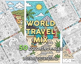 Páginas para colorir com tema de viagens pelo mundo | Cidades, templos, festivais e paisagens naturais | 50 PDFs para imprimir