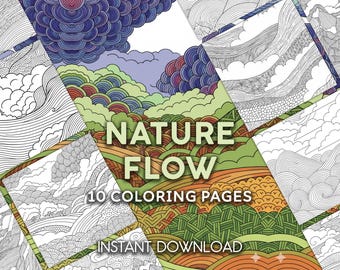 Páginas para colorir com tema de fluxo da natureza | Paisagens abstratas e desenhos meditativos em linha | 10 PDFs para imprimir