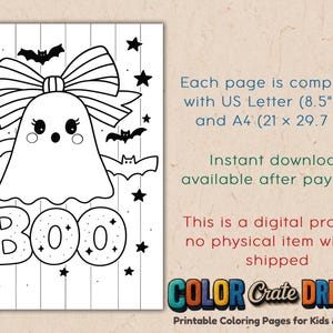 Pu&ograve; includere: Pagina da colorare di Halloween in bianco e nero con un fantasma, un fiocco, pipistrelli, stelle e la parola "BOO". Compatibile con carta US Letter (21,6 x 27,9 cm) e A4 (21 x 29,7 cm). Pagine da colorare stampabili per bambini e adulti.