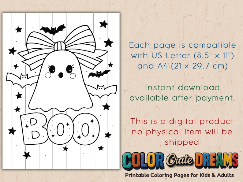 Pu&ograve; includere: Pagina da colorare di Halloween in bianco e nero con un fantasma, un fiocco, pipistrelli, stelle e la parola "BOO". Compatibile con carta US Letter (21,6 x 27,9 cm) e A4 (21 x 29,7 cm). Pagine da colorare stampabili per bambini e adulti.