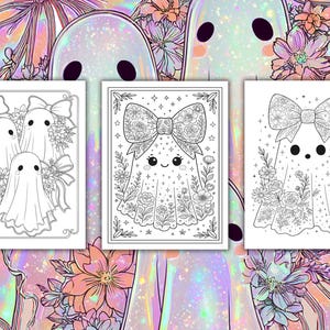 May include: Three black and white colouring pages featuring ghost characters with floral accents and bows. The pages are set against a background of iridescent bows and flowers, creating a whimsical and artistic theme.