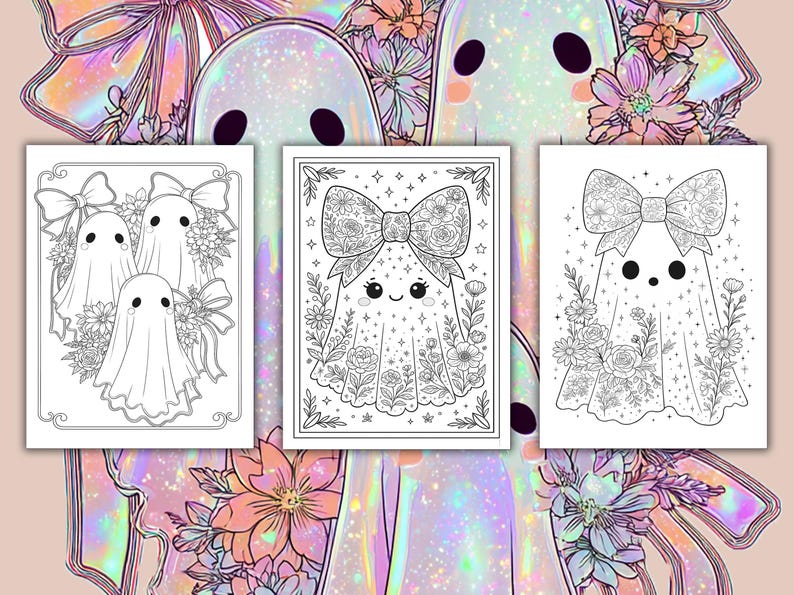 May include: Three black and white colouring pages featuring ghost characters with floral accents and bows. The pages are set against a background of iridescent bows and flowers, creating a whimsical and artistic theme.