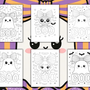 Pu&ograve; includere: Una collezione di sei pagine da colorare a tema Halloween in bianco e nero. Ogni pagina presenta un simpatico personaggio, come un fantasma o una mummia, con un grande fiocco e la parola "BOO". Pipistrelli e stelle decorano le pagine.