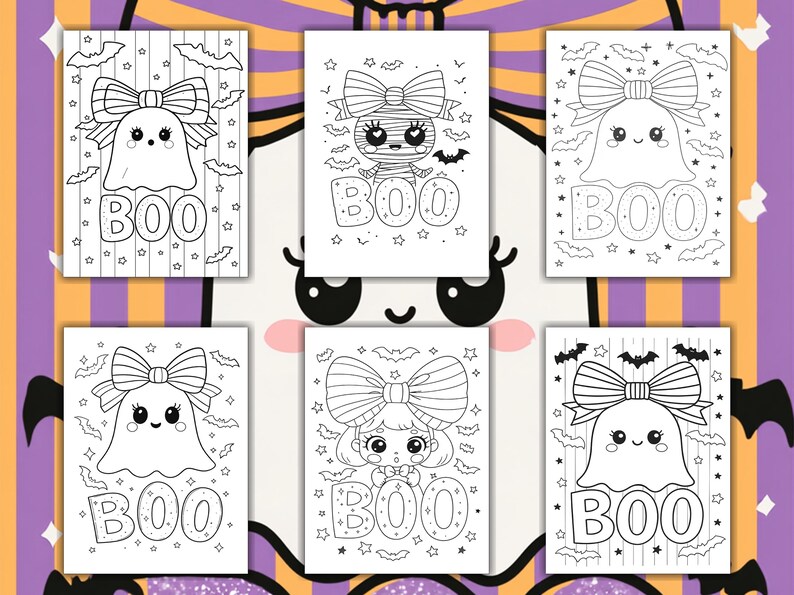 Pu&ograve; includere: Una collezione di sei pagine da colorare a tema Halloween in bianco e nero. Ogni pagina presenta un simpatico personaggio, come un fantasma o una mummia, con un grande fiocco e la parola "BOO". Pipistrelli e stelle decorano le pagine.