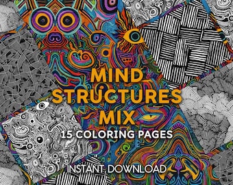 Páginas para colorir com estruturas da mente | Arte abstrata com linhas e pontos | Desenhos meditativos para imprimir para adultos | 15 folhas em PDF para praticar mindfulness