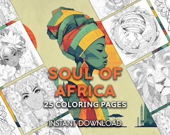 Página para colorir Alma da África | Retratos étnicos e desenhos de arte folclórica africana | Desenhos para colorir em tons de cinza para adultos | 25 PDFs para imprimir