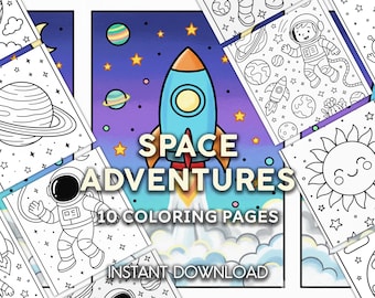 May include: A collection of coloring pages with a space theme. The central image features a blue rocket ship against a starry background, with the words "SPACE ADVENTURES" and "10 COLORING PAGES" displayed. The words "INSTANT DOWNLOAD" are also visible.