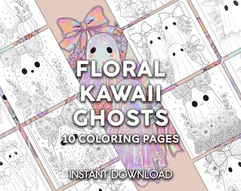 Pagine da colorare con fantasmi kawaii floreali / stampabili per Halloween (10 PDF)