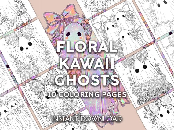 Floral Kawaii Ghost Coloring Pages | Halloween Printable (10 PDF)
