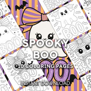 Pu&ograve; includere: Una raccolta di pagine da colorare a tema Halloween con simpatici personaggi fantasma con fiocchi e la parola "BOO". Le pagine sono in bianco e nero, con pipistrelli e stelle. Lo sfondo &egrave; viola e arancione con le parole "Spooky Boo" e "10 pagine da colorare".