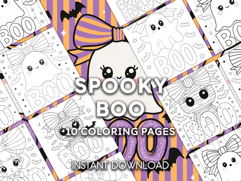 Pu&ograve; includere: Una raccolta di pagine da colorare a tema Halloween con simpatici personaggi fantasma con fiocchi e la parola "BOO". Le pagine sono in bianco e nero, con pipistrelli e stelle. Lo sfondo &egrave; viola e arancione con le parole "Spooky Boo" e "10 pagine da colorare".