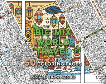 Páginas para colorir de cidades do mundo MIX | Cidades e templos da Europa, África e América | 50 PDFs para imprimir