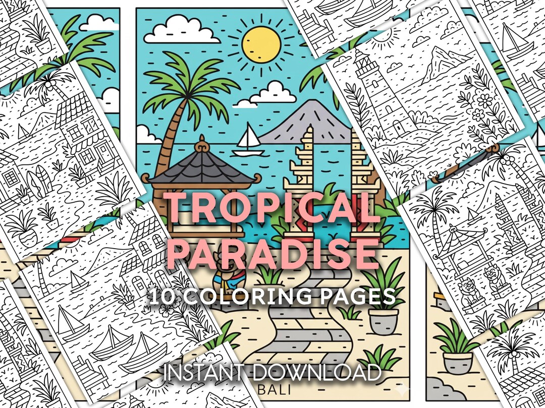 Tropical Paradise Coloring Pages | Bali Beach & Oriental Summer Scenes ...
