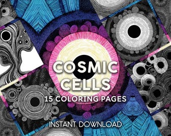 Desenhos para colorir de células cósmicas | Arte abstrata em linhas e padrões surreais | 15 PDFs para imprimir