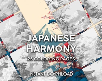 Fuji et Sakura Coloriages - 25 paysages japonais imprimables, pleine conscience en niveaux de gris PDF pour adultes