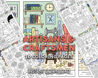 Desenhos para colorir de artesãos e artistas | Oficinas aconchegantes, cenas de estúdio feitas à mão | 10 PDFs para imprimir