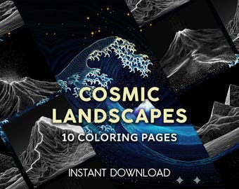 Desenhos para colorir de paisagens cósmicas | Espaço surreal e montanhas em estilo de arte linear | 10 PDFs com fundo preto