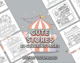 Desenhos para colorir de lojas fofas | Lojas e doces kawaii | 10 PDFs para imprimir para crianças e bebês