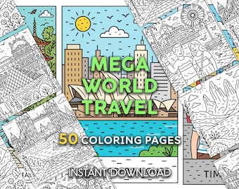 Páginas para colorir de viagens pelo mundo | Cidades, pontos turísticos, pontes, museus e maravilhas naturais | 50 PDFs para imprimir