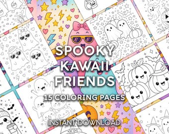 15 pagine da colorare kawaii di Halloween / Fantasmi, gatto e gufo (PDF stampabile)