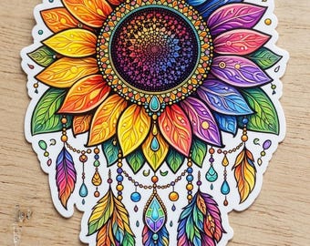 Colorful Sunflower Dreamcatcher Sticker: Psychedelic Boho Rainbow Flower Decal