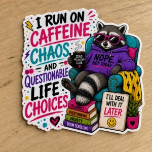May include: A sticker featuring a raccoon wearing sunglasses and a purple hoodie, sitting in a teal armchair. The raccoon holds a coffee mug and is surrounded by text that reads "I run on caffeine, chaos, and questionable life choices." A sign says "I'll deal with it later."