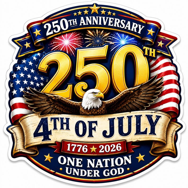 May include: A decorative sticker featuring a bald eagle with wings spread, the text 250TH ANNIVERSARY, 4TH OF JULY, 1776-2026, and ONE NATION UNDER GOD. The design includes a gold 250, American flag motifs, red and blue fireworks, and gold stars.
