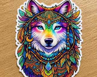 Psychedelic Wolf Head Sticker: Colorful Tribal Boho Vinyl Decal