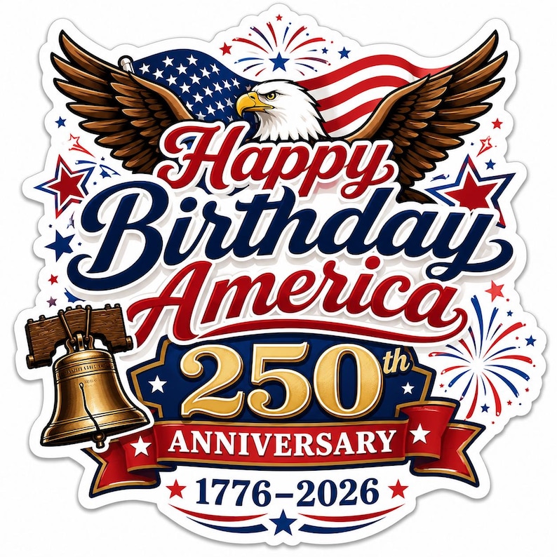 May include: A patriotic sticker featuring a bald eagle with wings spread above an American flag. The text reads Happy Birthday America 250th Anniversary 1776-2026. A golden Liberty Bell is on the left, surrounded by red, white, and blue fireworks.